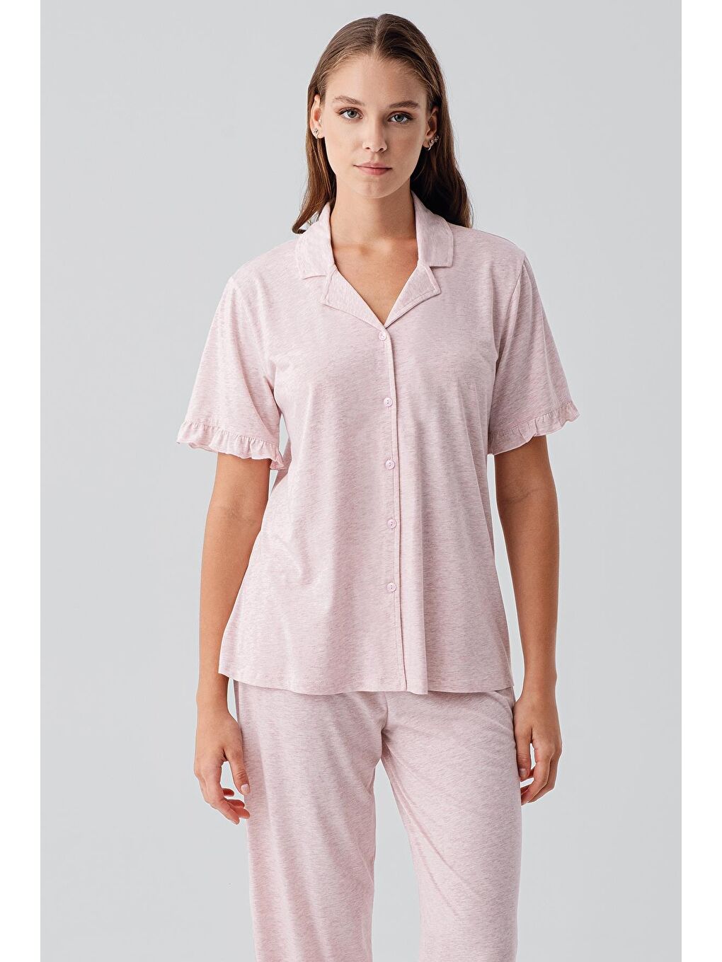 Pembe Kısa Kollu Düğmeli Fırfırlı Pamuklu Pijama Takım 19219-3