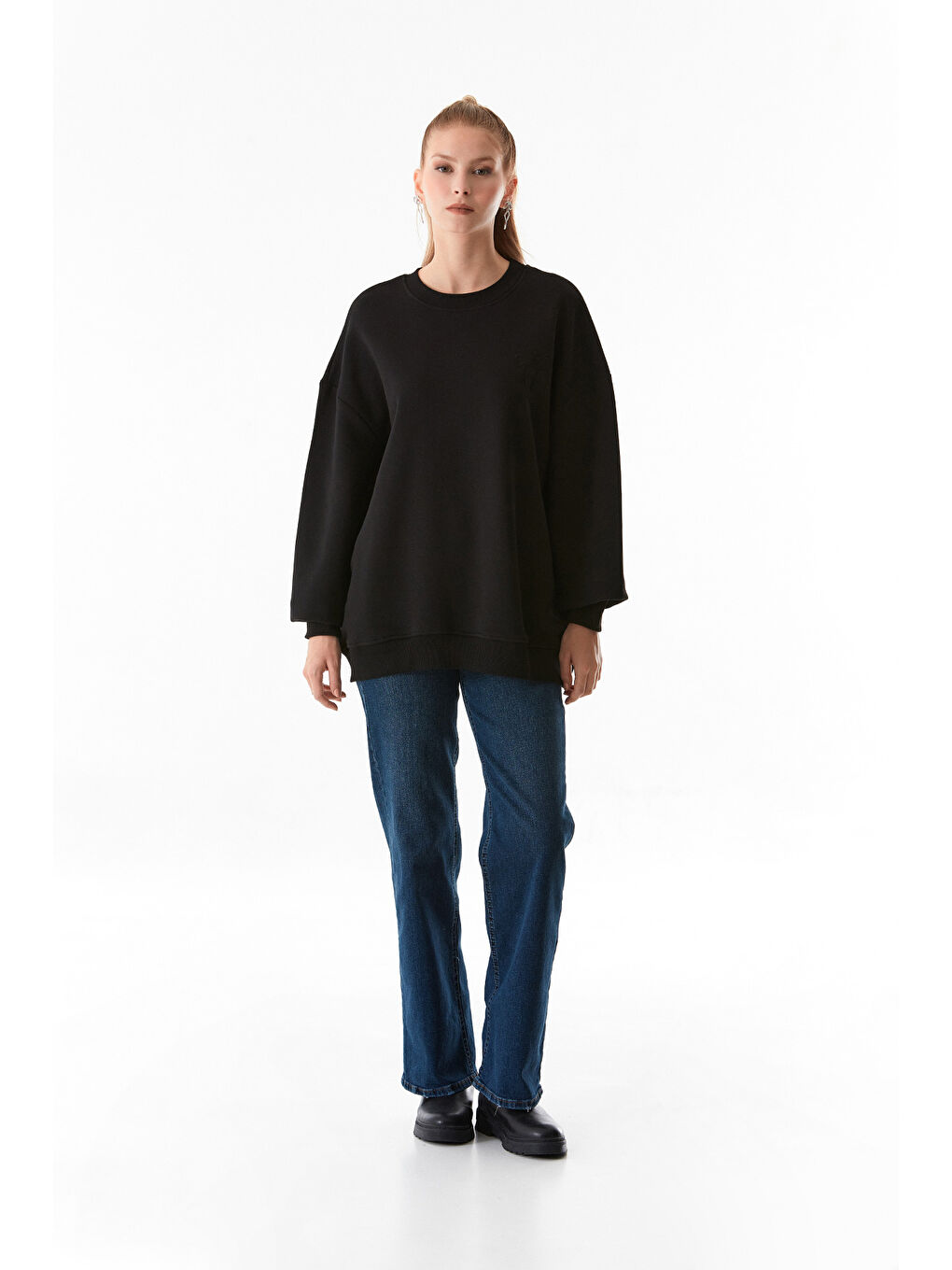 Fullamoda Siyah Basic Bisiklet Yaka Oversize Sweatshirt - 1