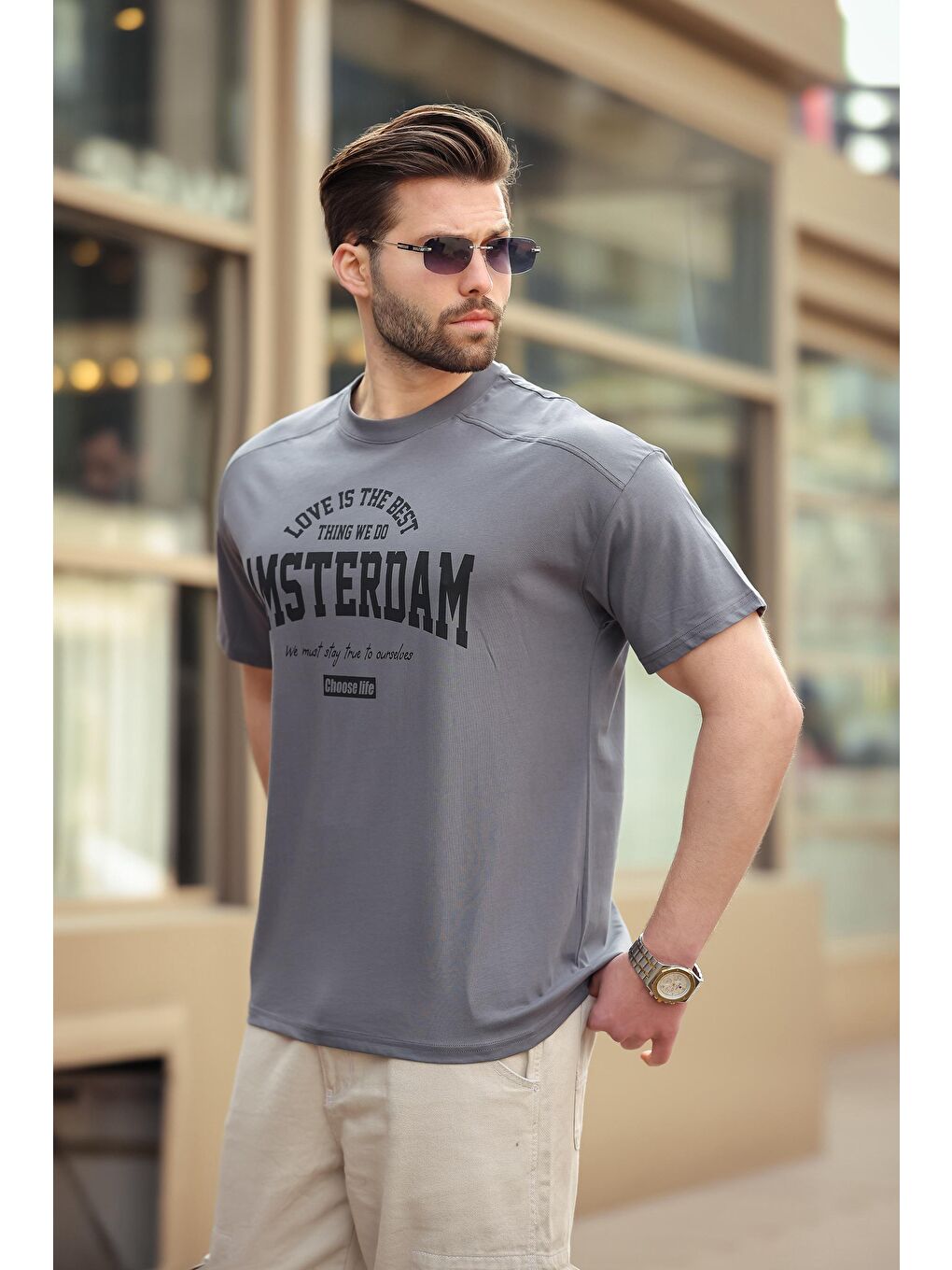 Gri Füme Baskılı Erkek Tişört E7124-1