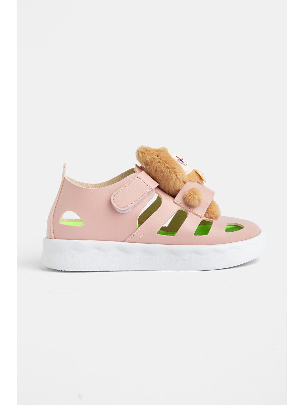Pembe Çocuk Unisex Pudra Hafif Taban Ayıcık Detaylı Cırtlı Sandalet-1