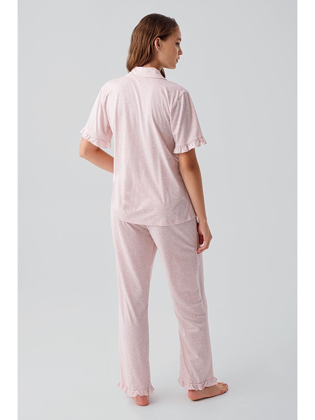 Pembe Kısa Kollu Düğmeli Fırfırlı Pamuklu Pijama Takım 19219-6