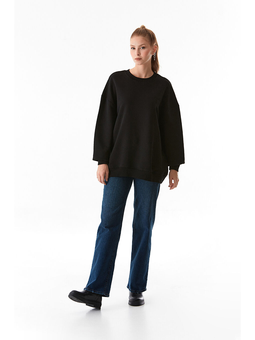 Fullamoda Siyah Basic Bisiklet Yaka Oversize Sweatshirt - 2