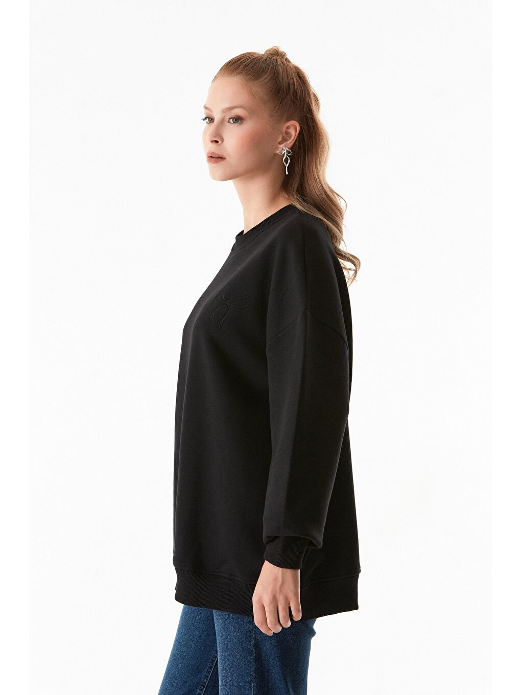 Fullamoda Siyah Basic Bisiklet Yaka Oversize Sweatshirt - 3