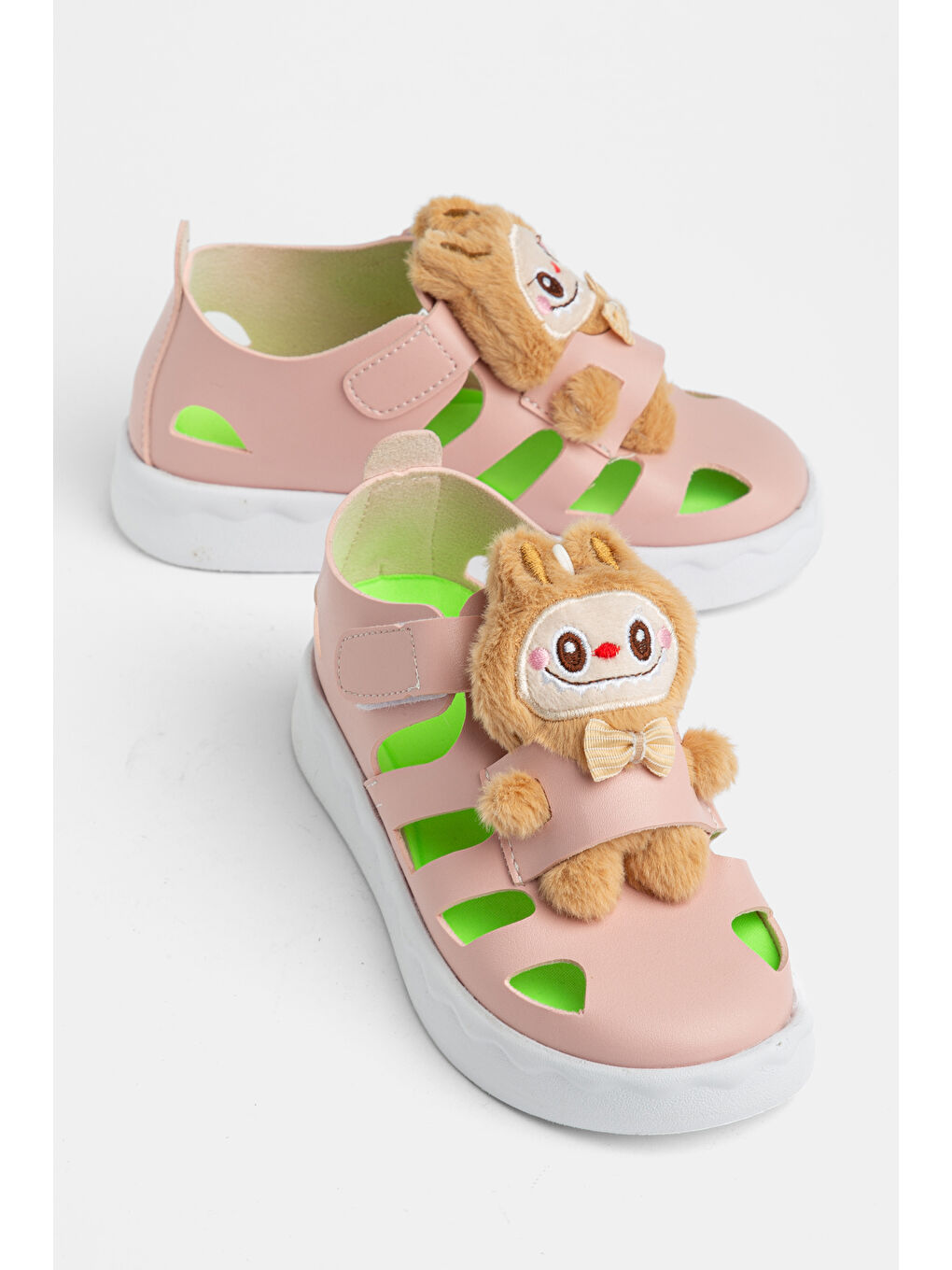 Pembe Çocuk Unisex Pudra Hafif Taban Ayıcık Detaylı Cırtlı Sandalet-2