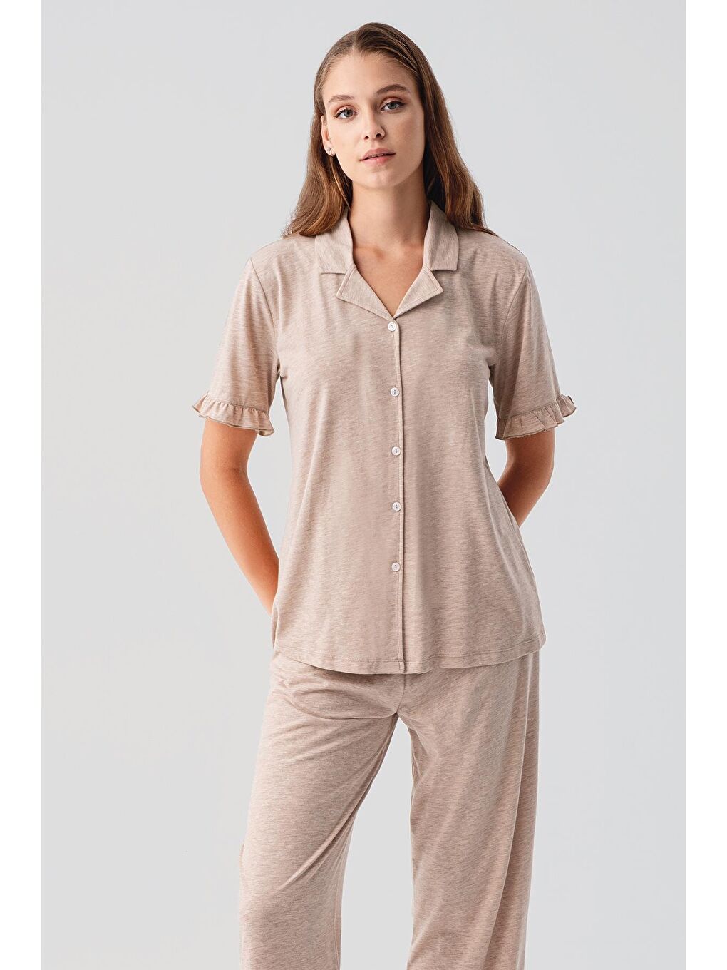 Kahverengi Kısa Kollu Düğmeli Fırfırlı Pamuklu Pijama Takım 19219-3