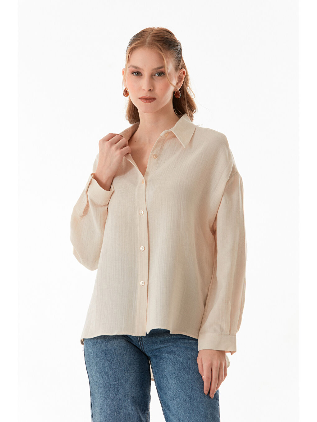 Bej Basic Düğmeli Salaş Gömlek-1