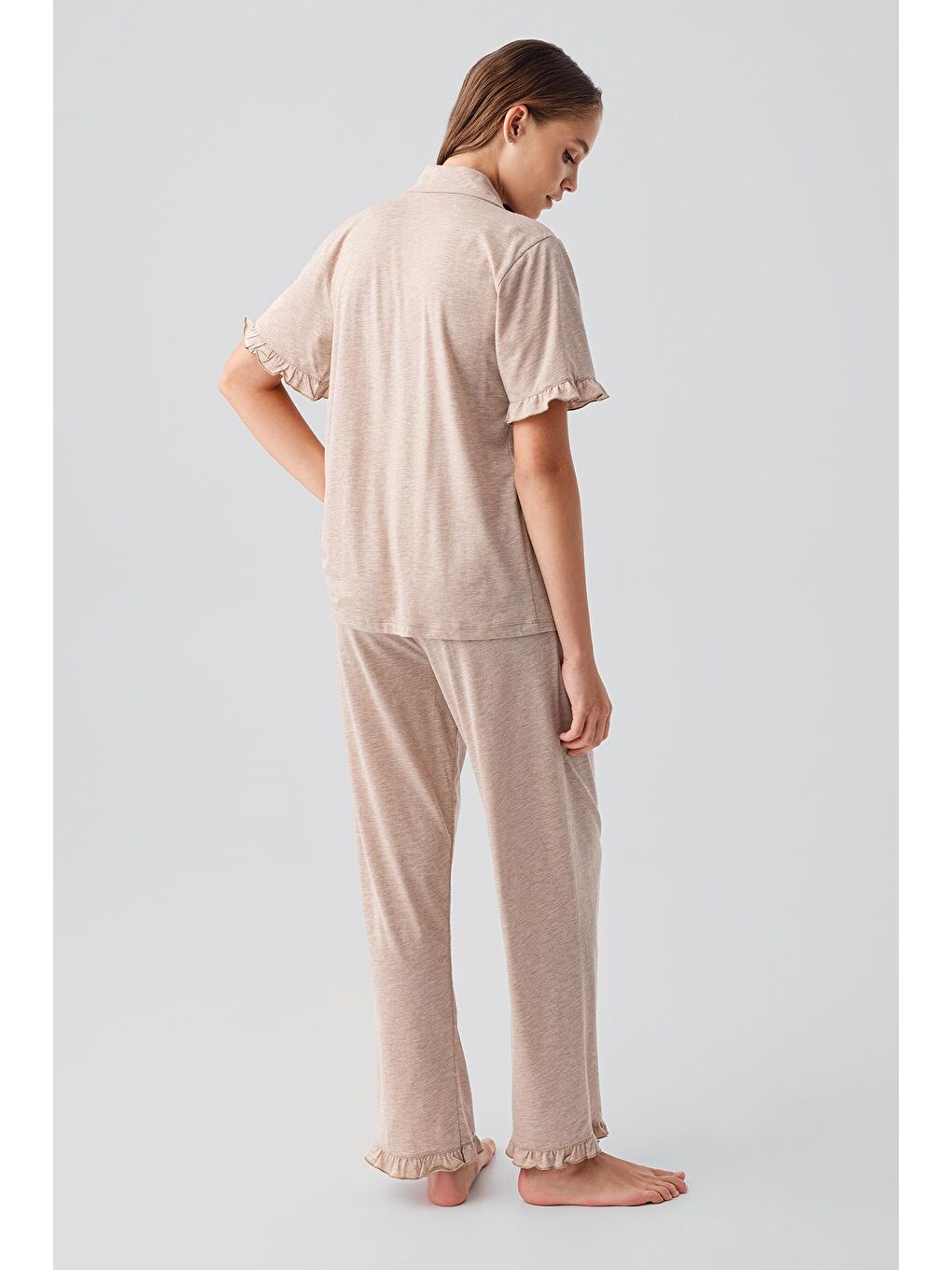 Kahverengi Kısa Kollu Düğmeli Fırfırlı Pamuklu Pijama Takım 19219-6