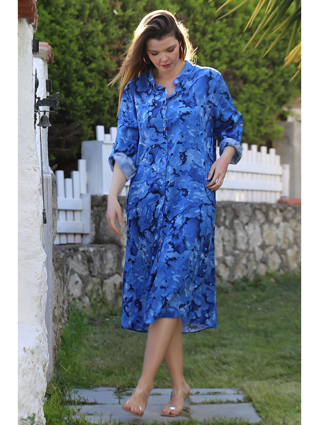 Mavi Hakim Yaka Düğmeli Uzun Kollu Gizli Cepli Casual Viskon Dokuma Elbise 125 65-1