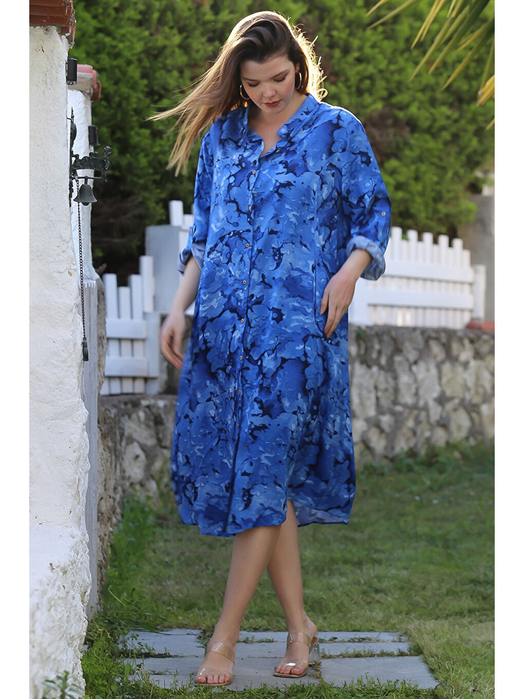 Mavi Hakim Yaka Düğmeli Uzun Kollu Gizli Cepli Casual Viskon Dokuma Elbise 125 65-2