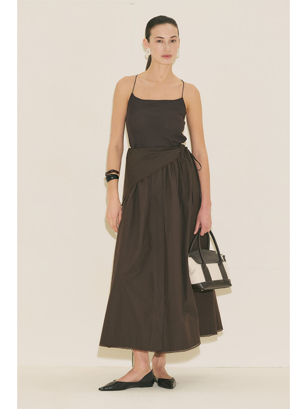 Önü Düğmeli Poplin Etek Kahverengi