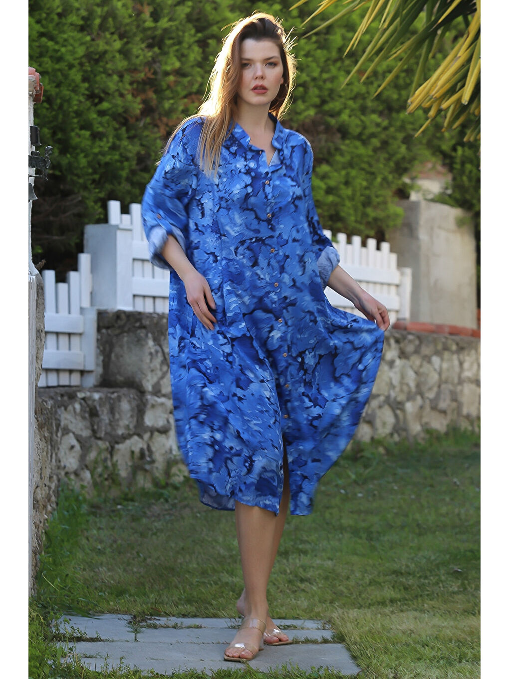 Mavi Hakim Yaka Düğmeli Uzun Kollu Gizli Cepli Casual Viskon Dokuma Elbise 125 65-5