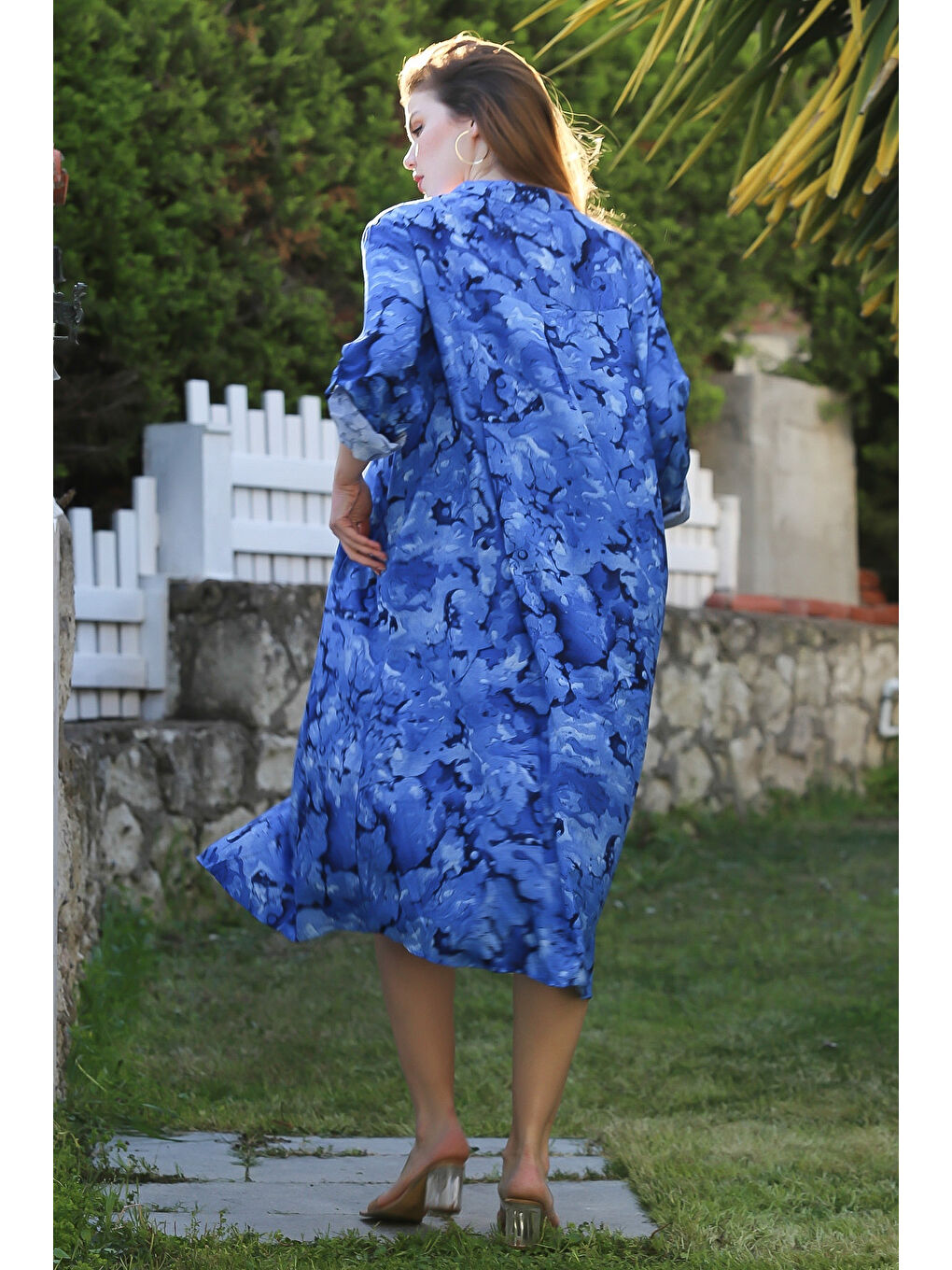 Mavi Hakim Yaka Düğmeli Uzun Kollu Gizli Cepli Casual Viskon Dokuma Elbise 125 65-6