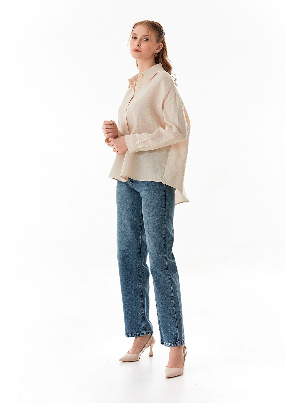 Bej Basic Düğmeli Salaş Gömlek-2