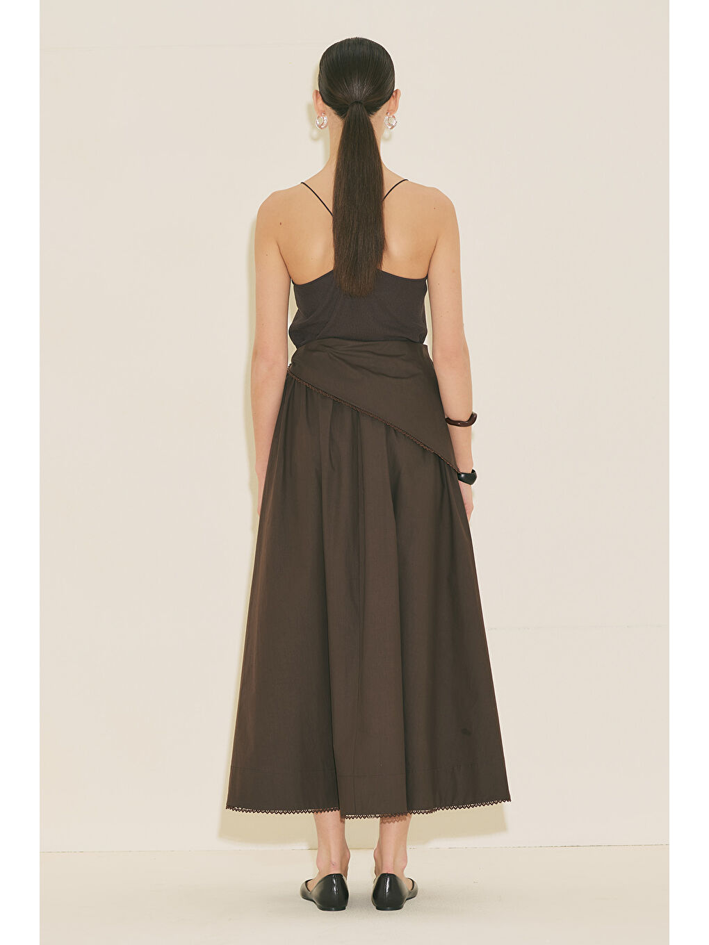 Önü Düğmeli Poplin Etek Kahverengi-2