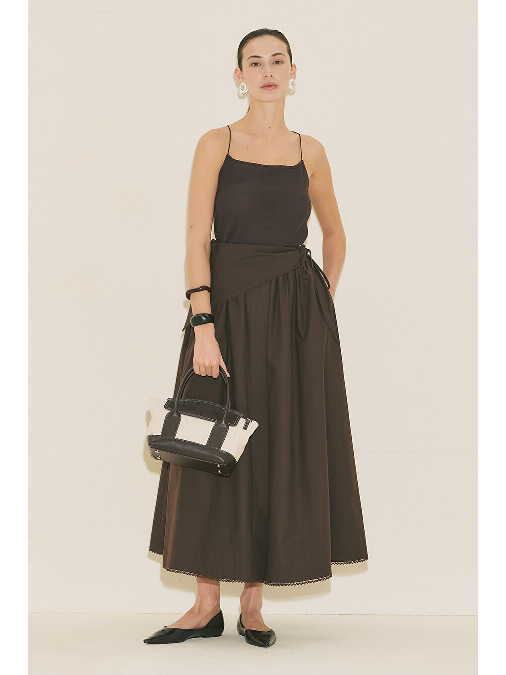 Önü Düğmeli Poplin Etek Kahverengi-3