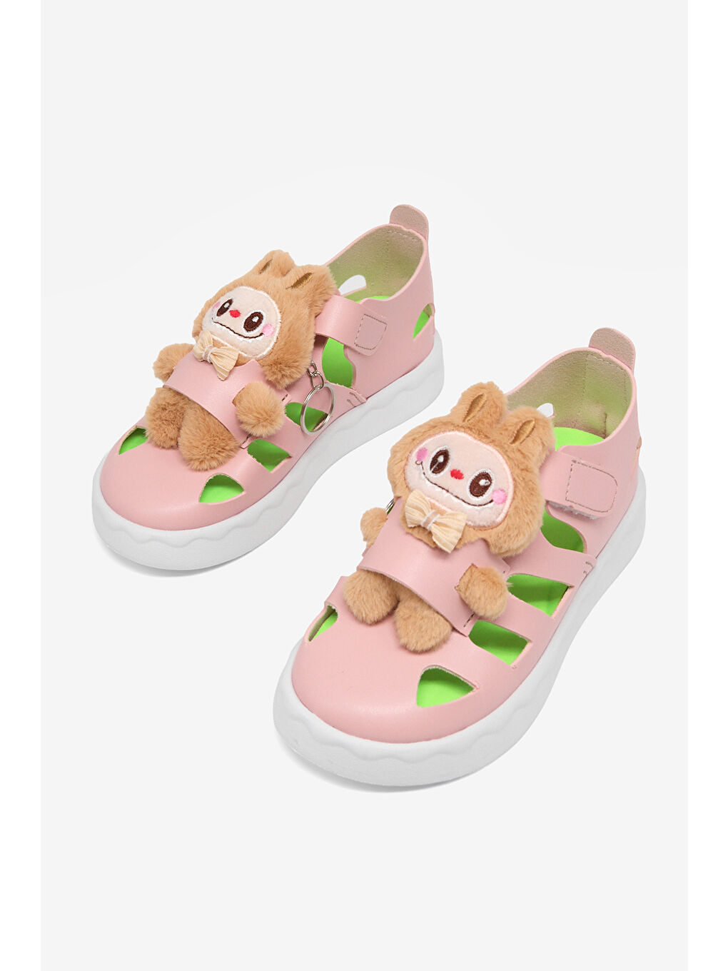 Pembe Çocuk Unisex Pudra Hafif Taban Ayıcık Detaylı Cırtlı Sandalet-4