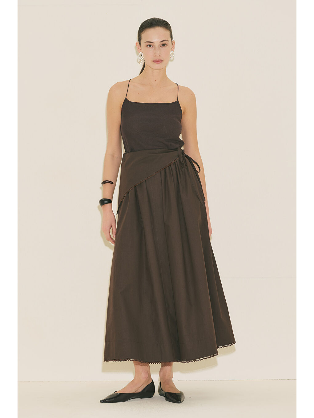 Önü Düğmeli Poplin Etek Kahverengi-4