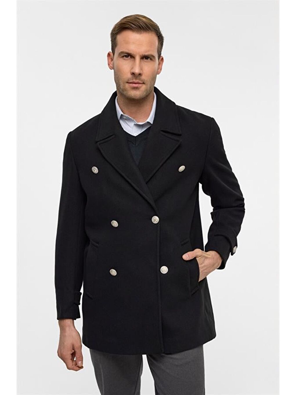 Siyah Slim Düz Kruvaze Yaka Kaban-1