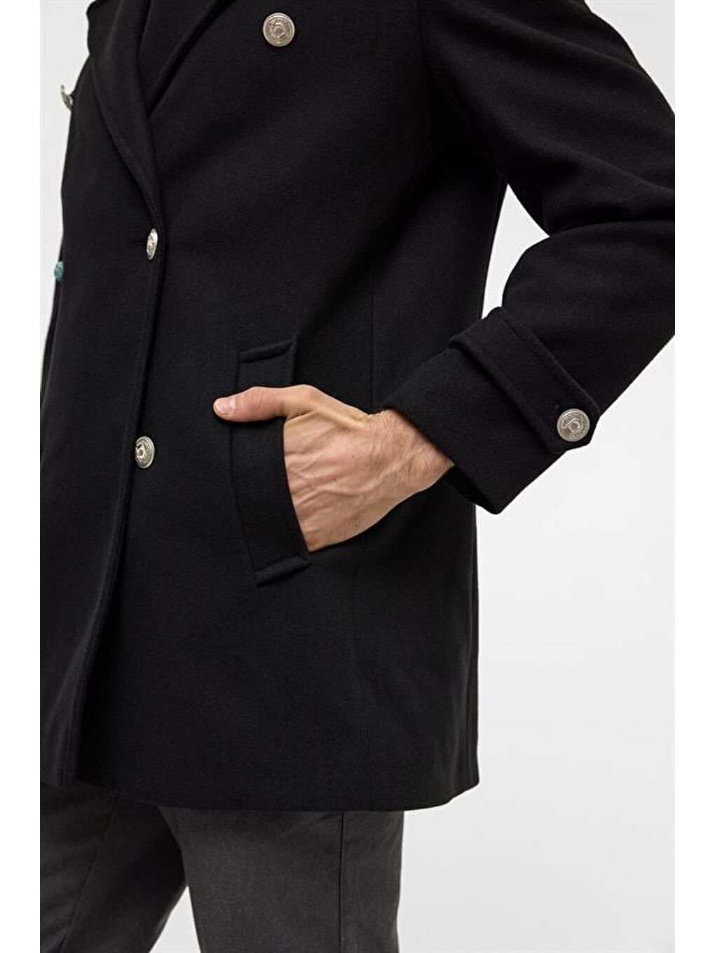 Siyah Slim Düz Kruvaze Yaka Kaban-3