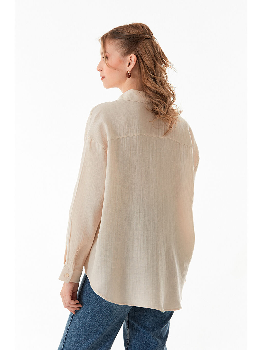 Bej Basic Düğmeli Salaş Gömlek-3