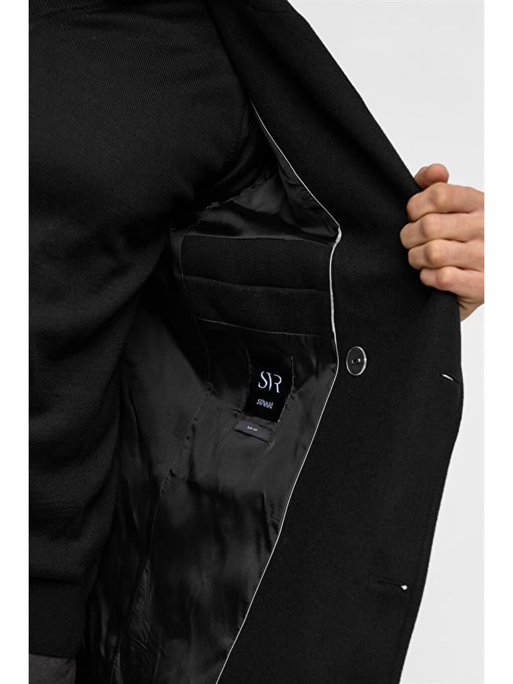 Siyah Slim Düz Kruvaze Yaka Kaban-4