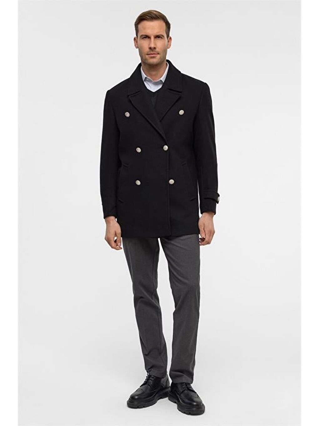 Siyah Slim Düz Kruvaze Yaka Kaban-5