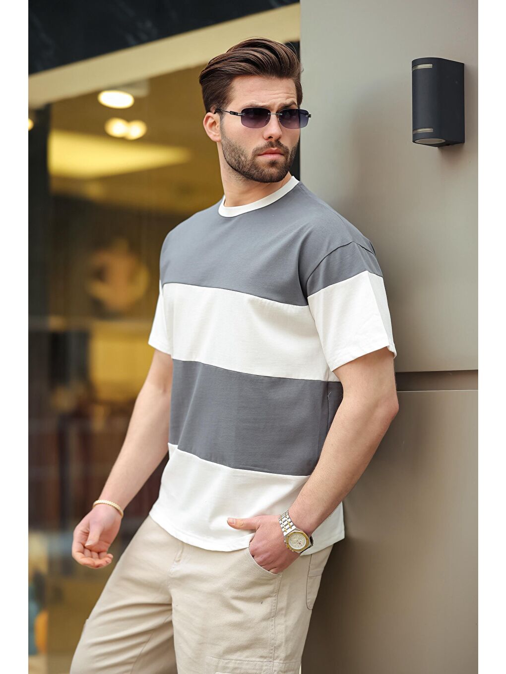 Gri Füme Oversize Renk Bloklu Bisiklet Yaka %100 Pamuk Tişört 7020