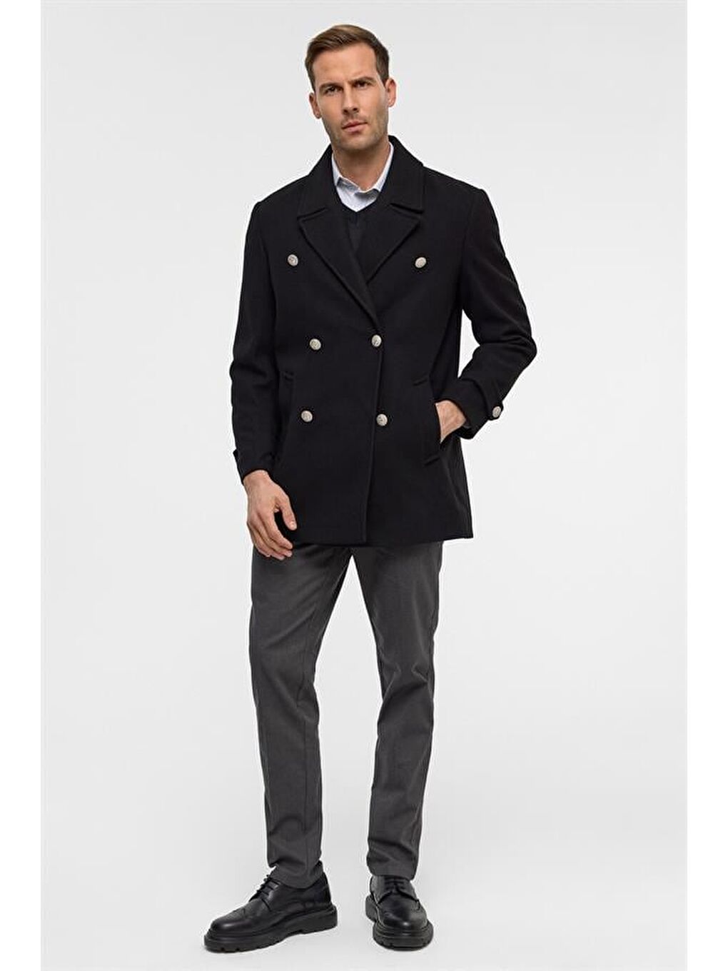 Siyah Slim Düz Kruvaze Yaka Kaban-6