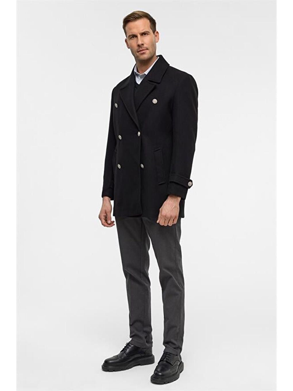 Siyah Slim Düz Kruvaze Yaka Kaban-7
