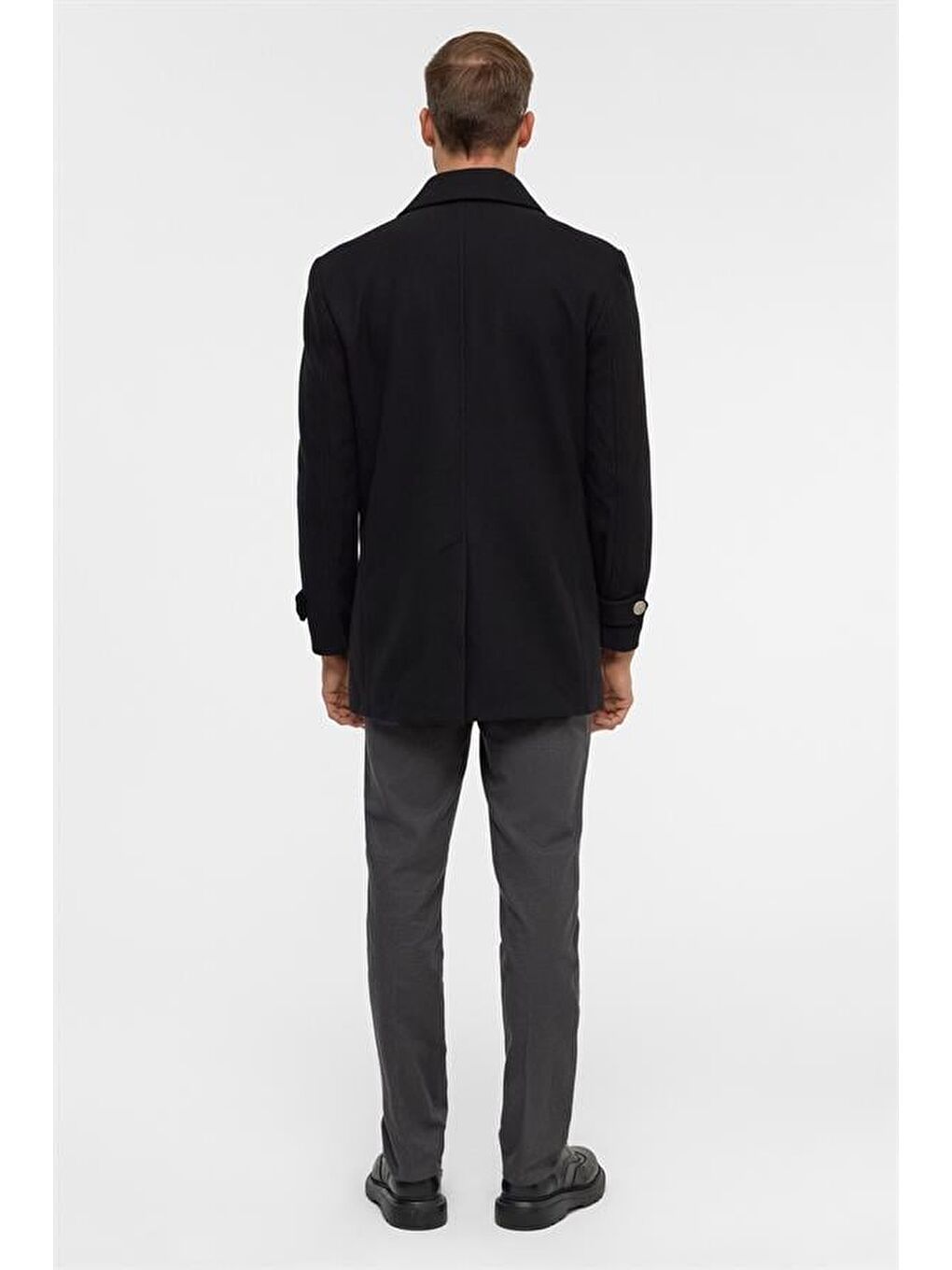 Siyah Slim Düz Kruvaze Yaka Kaban-9