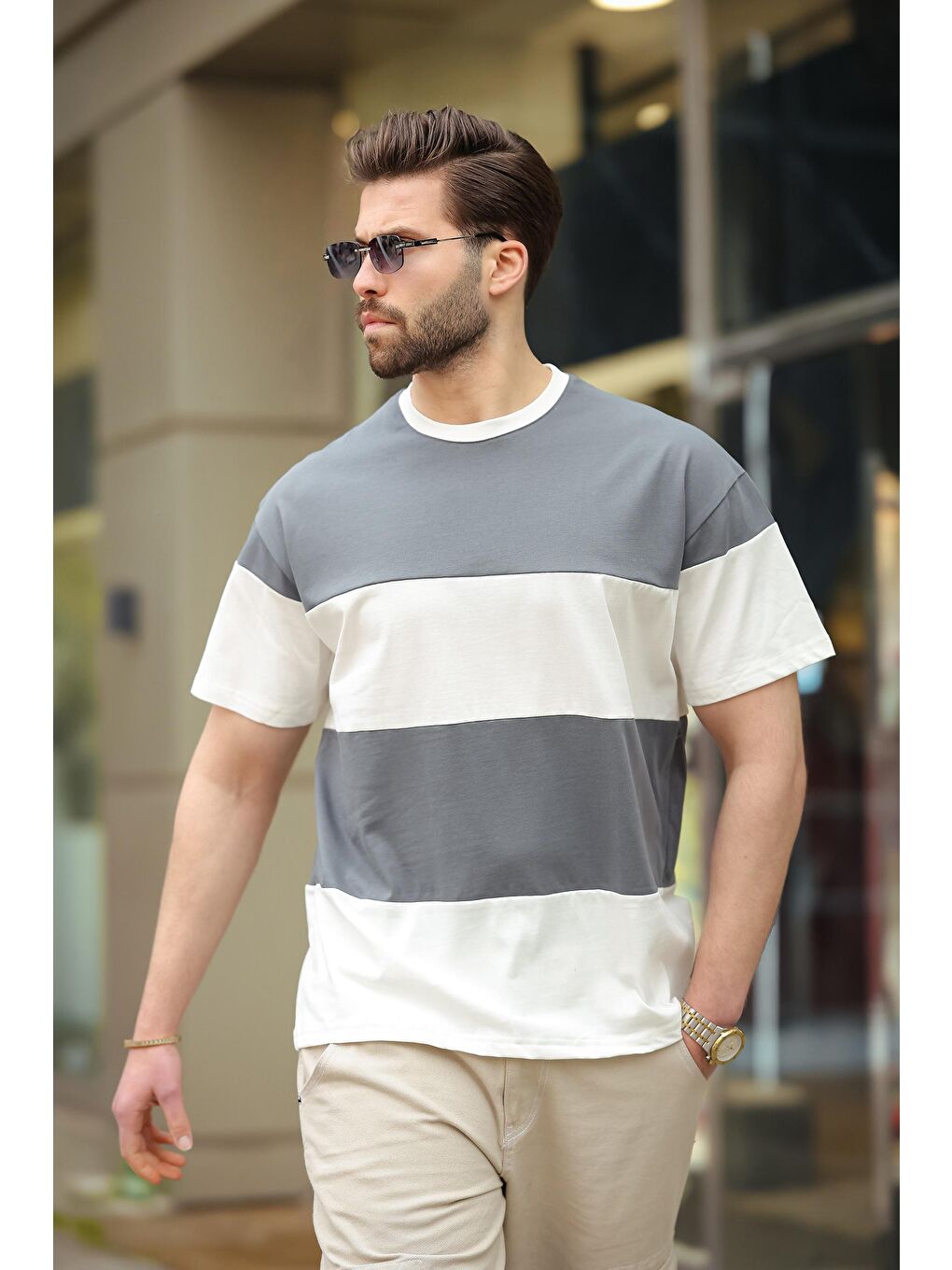 Gri Füme Oversize Renk Bloklu Bisiklet Yaka %100 Pamuk Tişört 7020-1