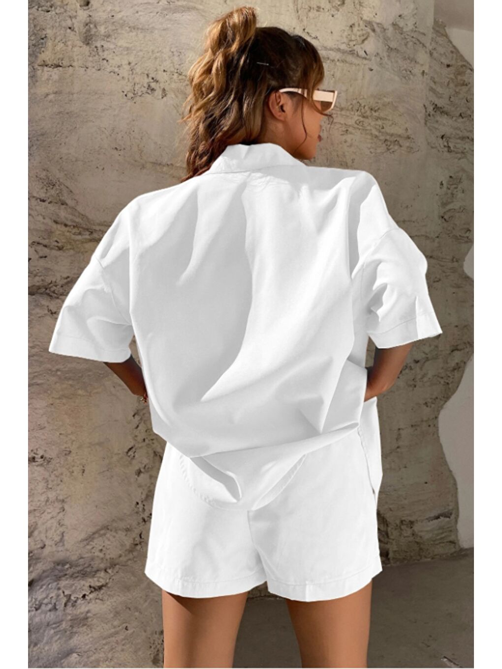 Beyaz Kadın Oversize Gömlek Şort Takım Yazlık 2’li Kombin Rahat Kesim-1