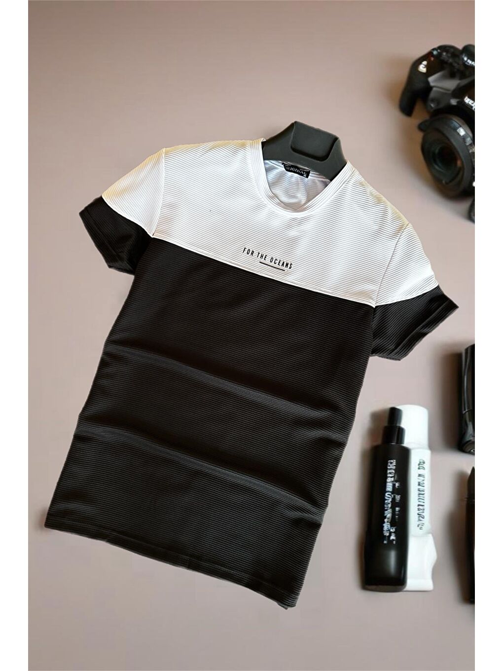 Siyah Ft 2469 For The Oceans Flok Baskı Slim Fit Erkek Tişört