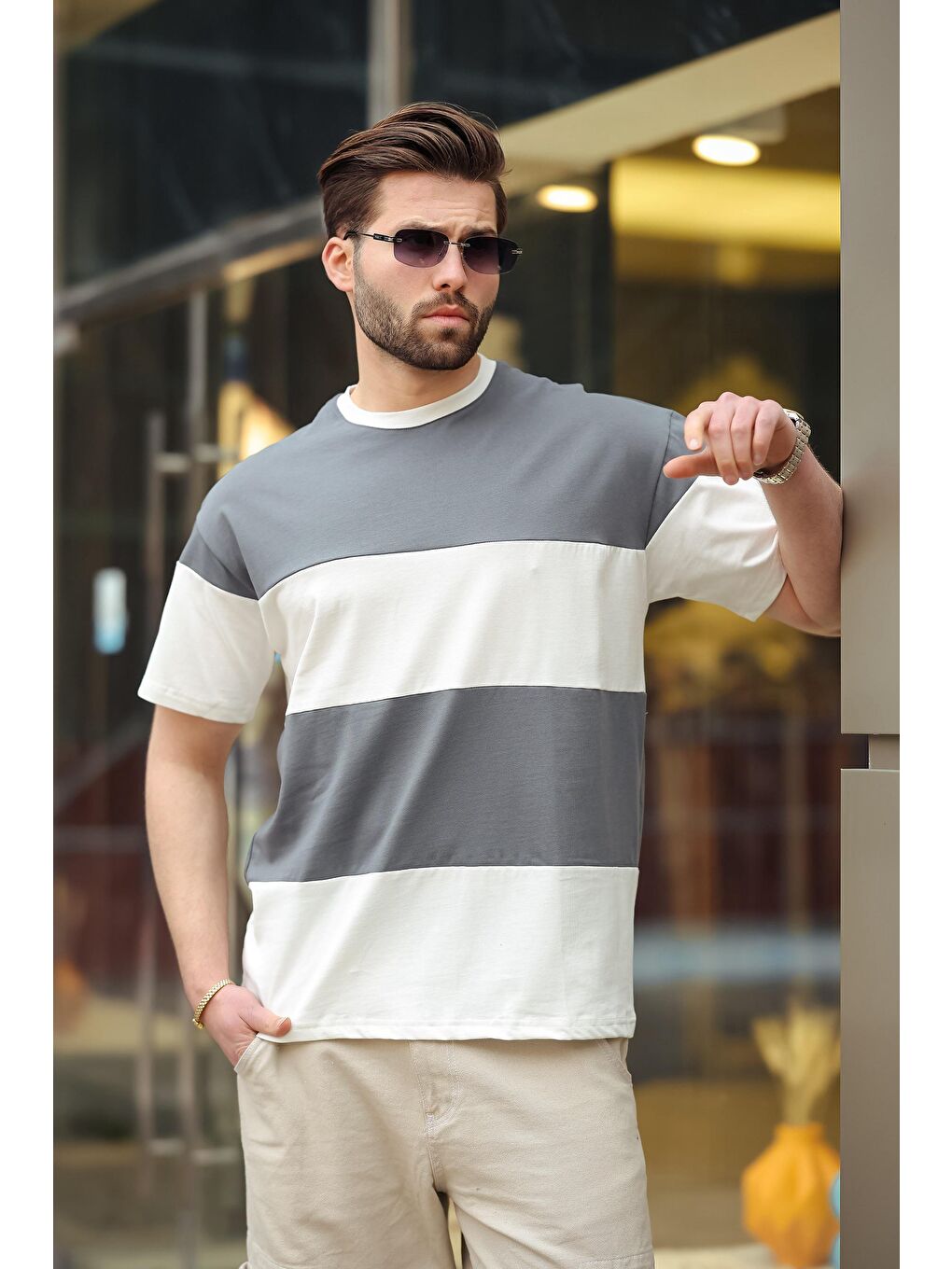 Gri Füme Oversize Renk Bloklu Bisiklet Yaka %100 Pamuk Tişört 7020-2