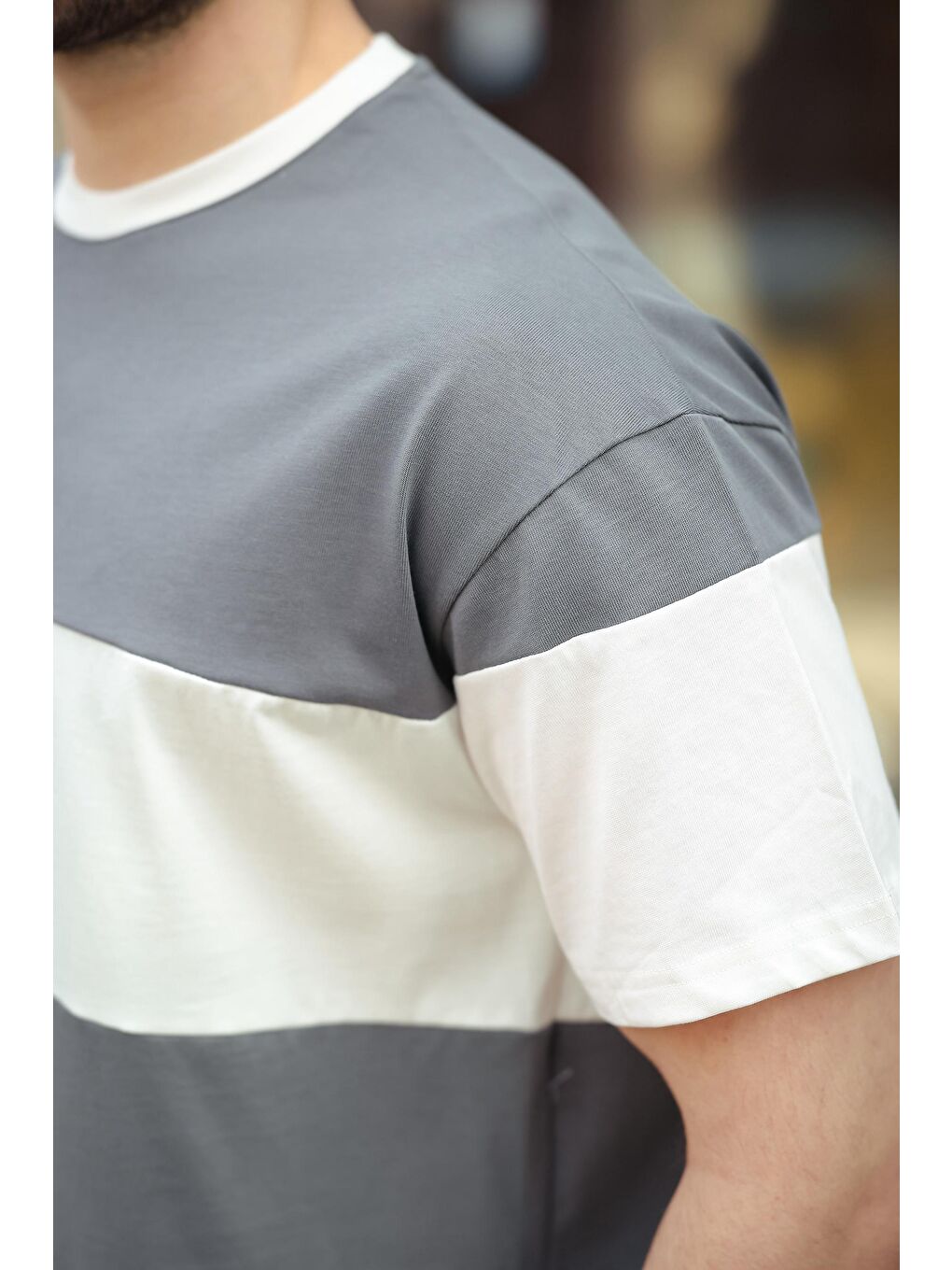 Gri Füme Oversize Renk Bloklu Bisiklet Yaka %100 Pamuk Tişört 7020-3