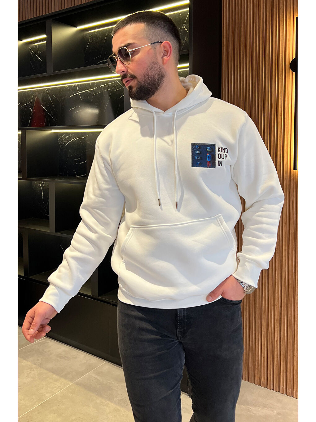 Mishar İtalia Beyaz Baskılı Üç İplik Şardonlu Erkek Kapüşonlu Sweatshirt - 1