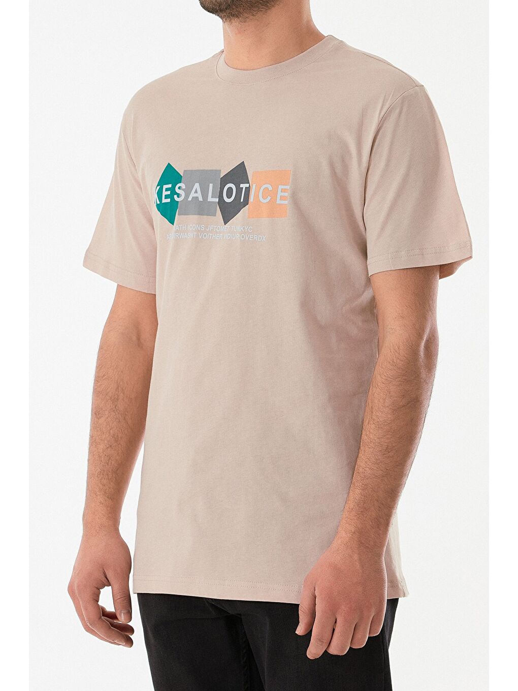 Bej Baskılı Bisiklet Yaka %100 Pamuk Tişört-1