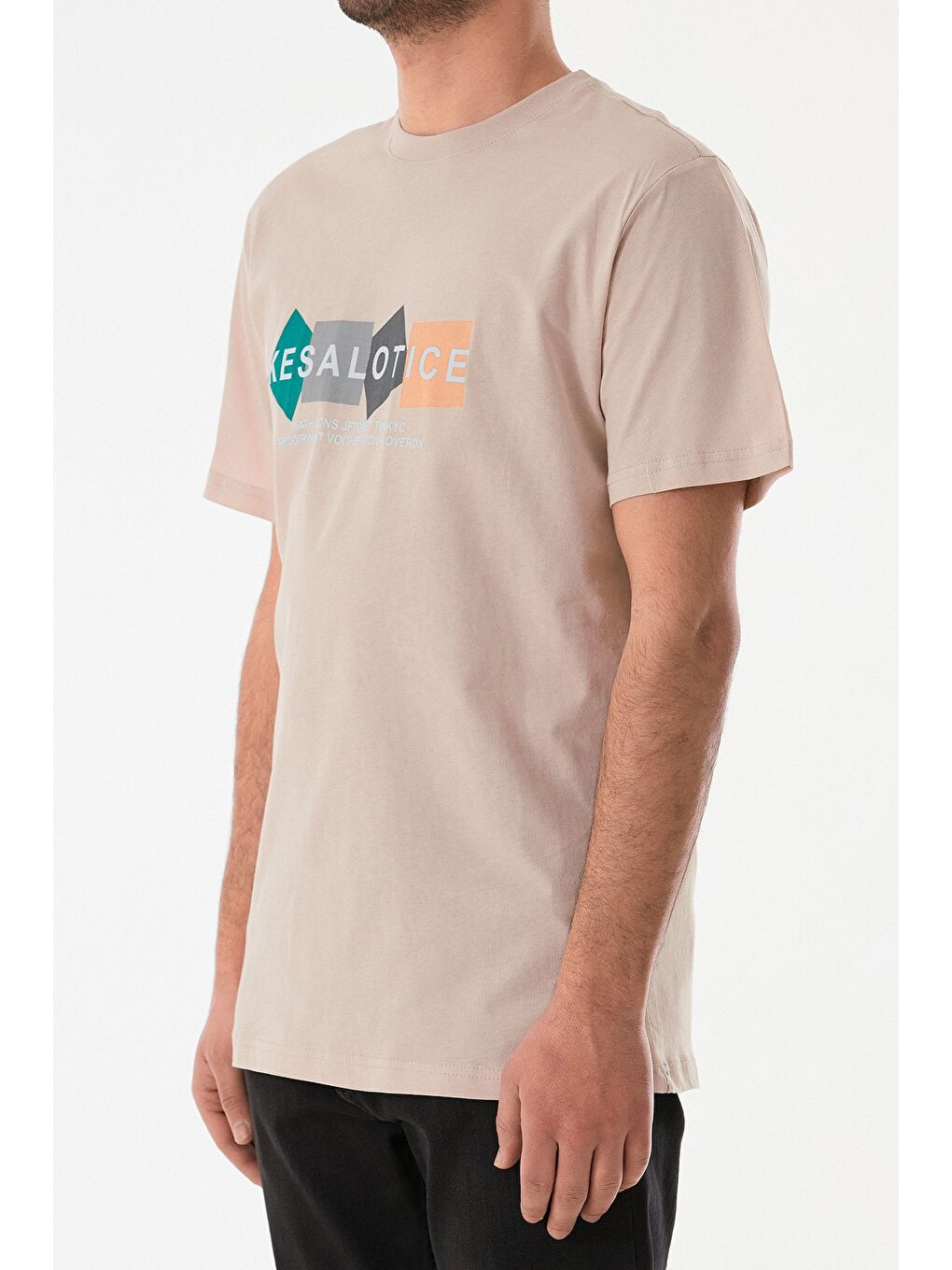 Bej Baskılı Bisiklet Yaka %100 Pamuk Tişört-4