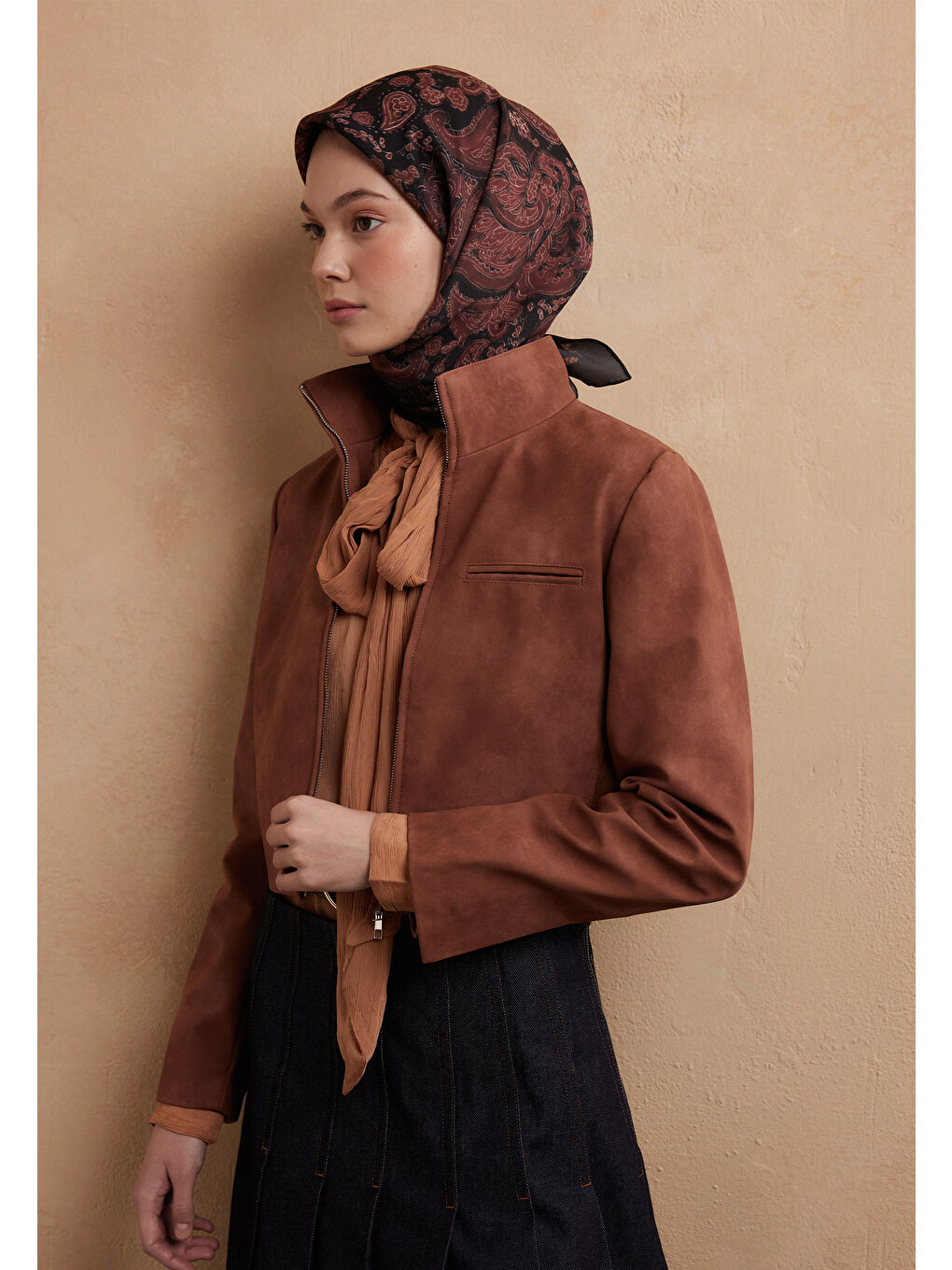 Kahverengi Freda Desen Pamuk İpek Eşarp Kızıl Kiremit-1