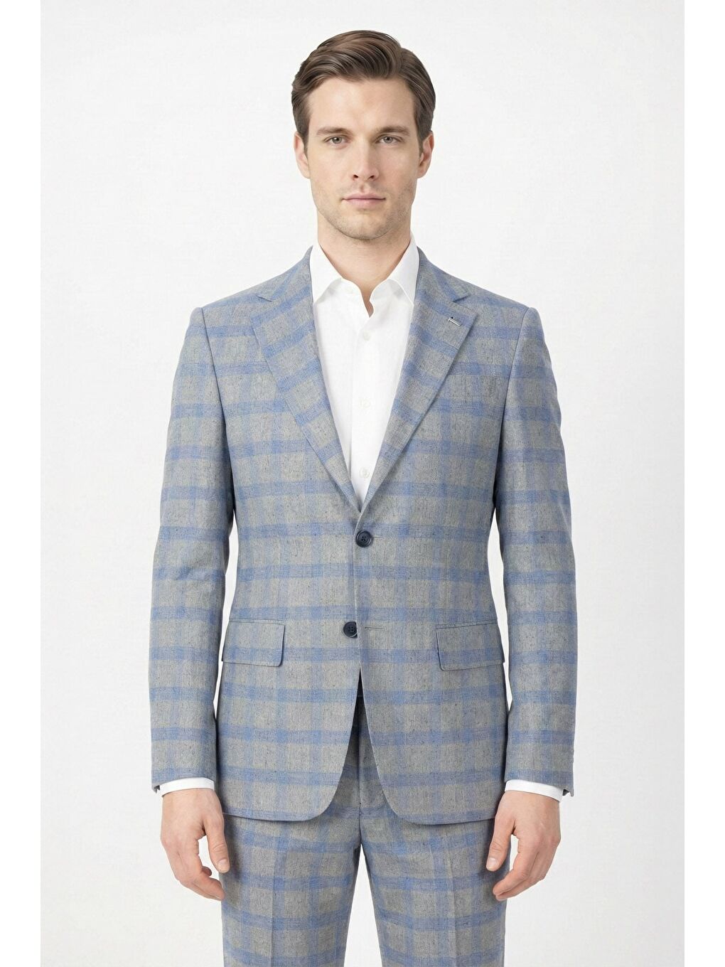 Giotelli Gri Slim Fit Mono Yaka Ekose Desenli Takım Elbise