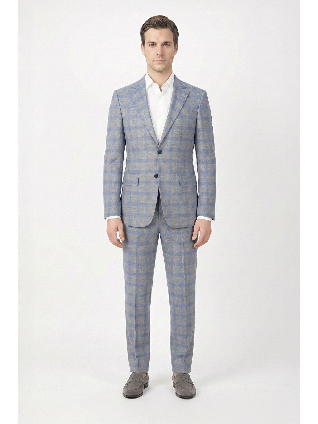 Giotelli Gri Slim Fit Mono Yaka Ekose Desenli Takım Elbise-1