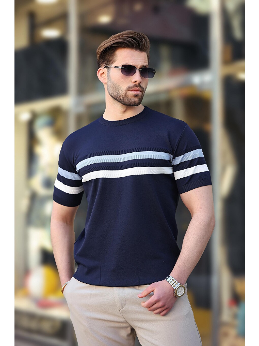 Lacivert Bisiklet Yaka Çizgili Erkek Tişört E7412