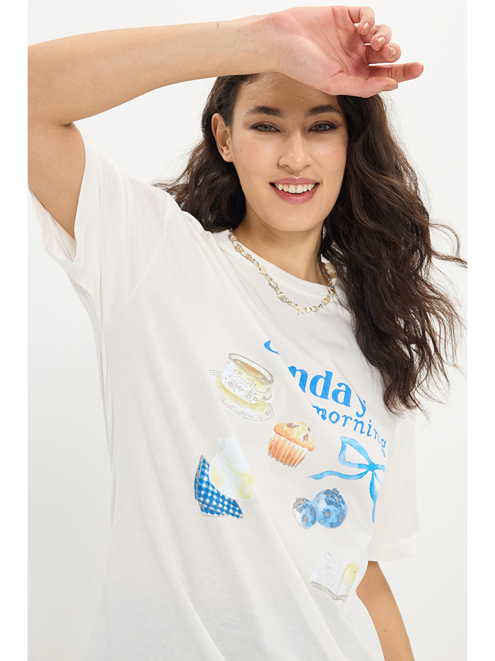 Kadın Relax Fit Rahat Kesim %100 Pamuk Bisiklet Yaka Kısa Kollu Baskılı Beyaz Tişört-6