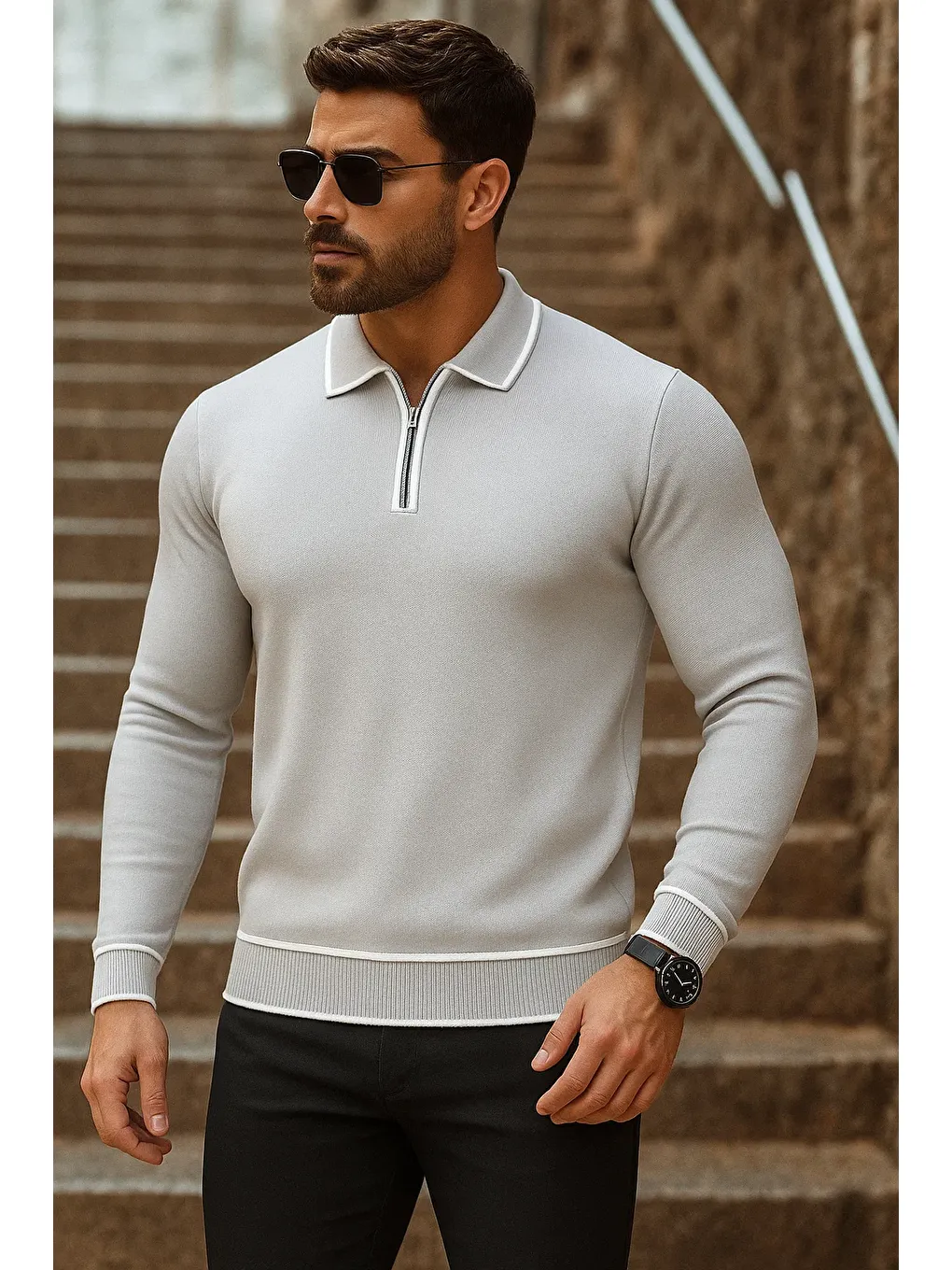 Erkek Trend Fermuarlı Uzun Kollu Gri Polo Yaka Kazak