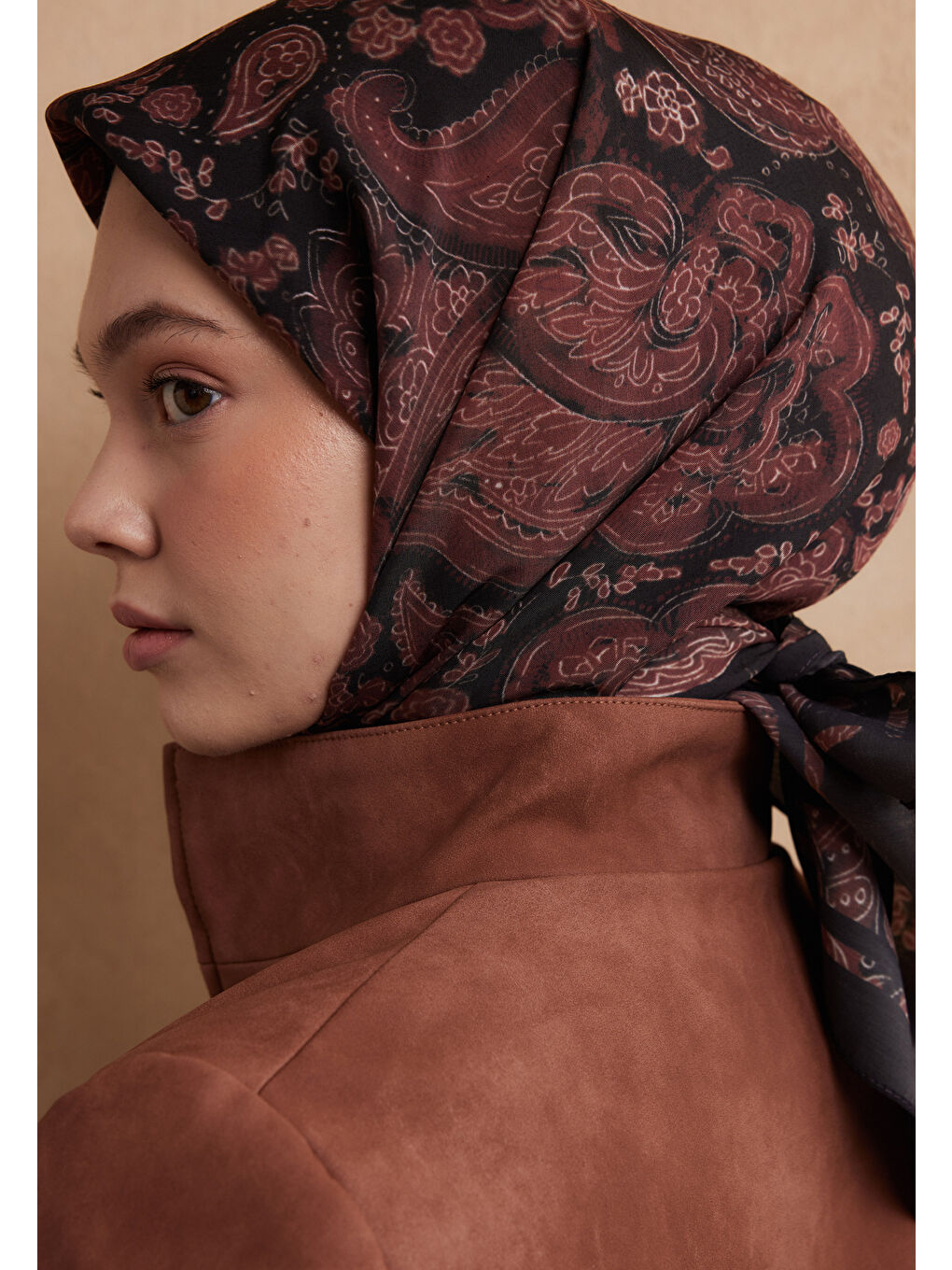 Kahverengi Freda Desen Pamuk İpek Eşarp Kızıl Kiremit-2