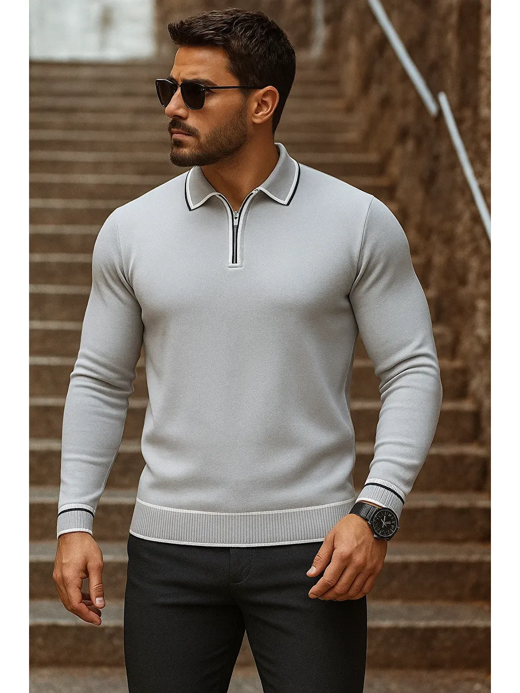 Erkek Trend Fermuarlı Uzun Kollu Gri Polo Yaka Kazak-1