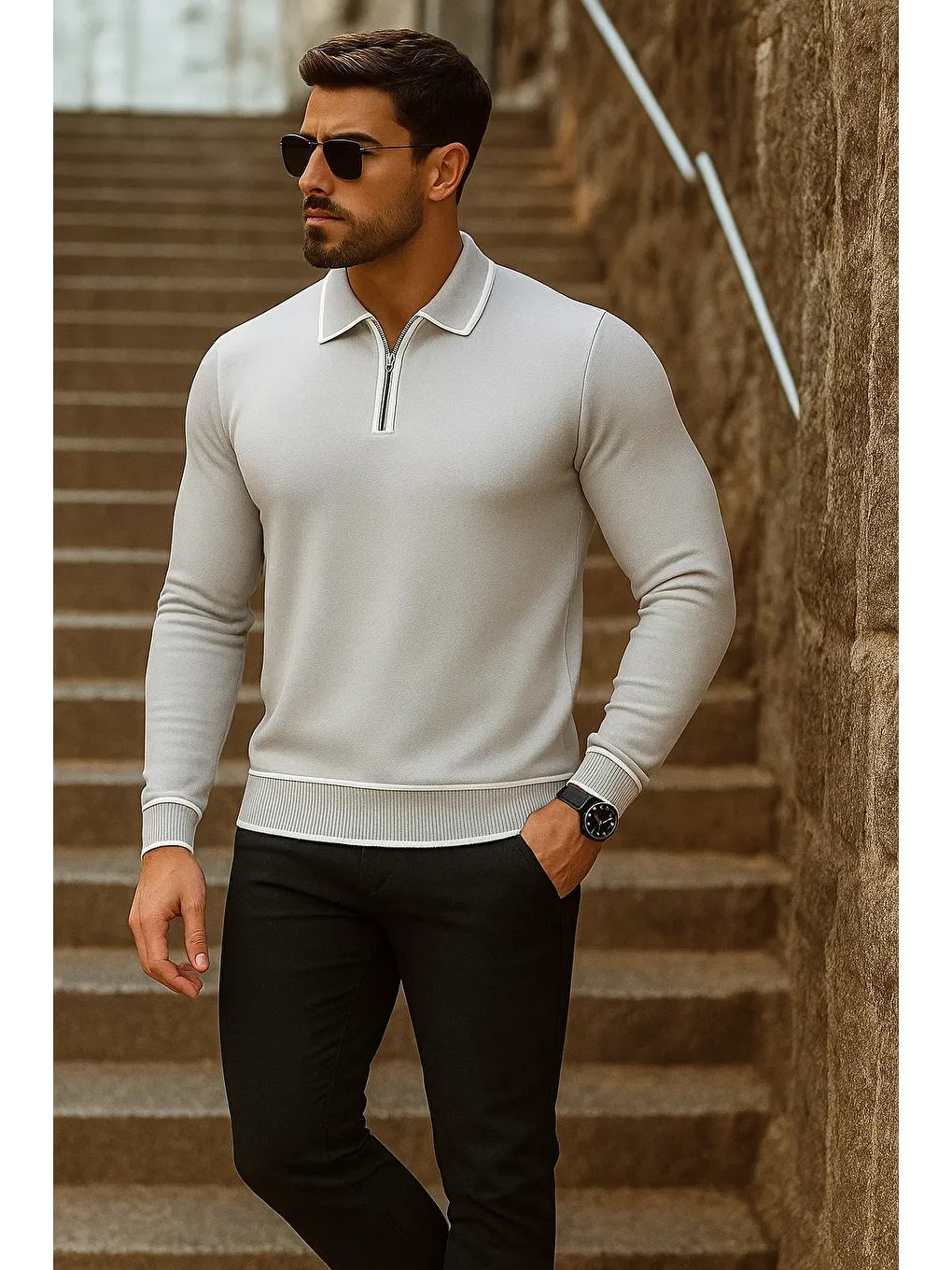 Erkek Trend Fermuarlı Uzun Kollu Gri Polo Yaka Kazak-2