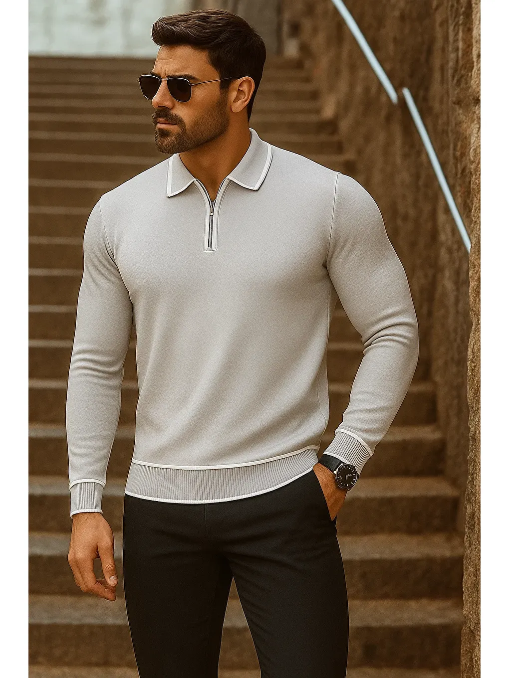 Erkek Trend Fermuarlı Uzun Kollu Gri Polo Yaka Kazak-3