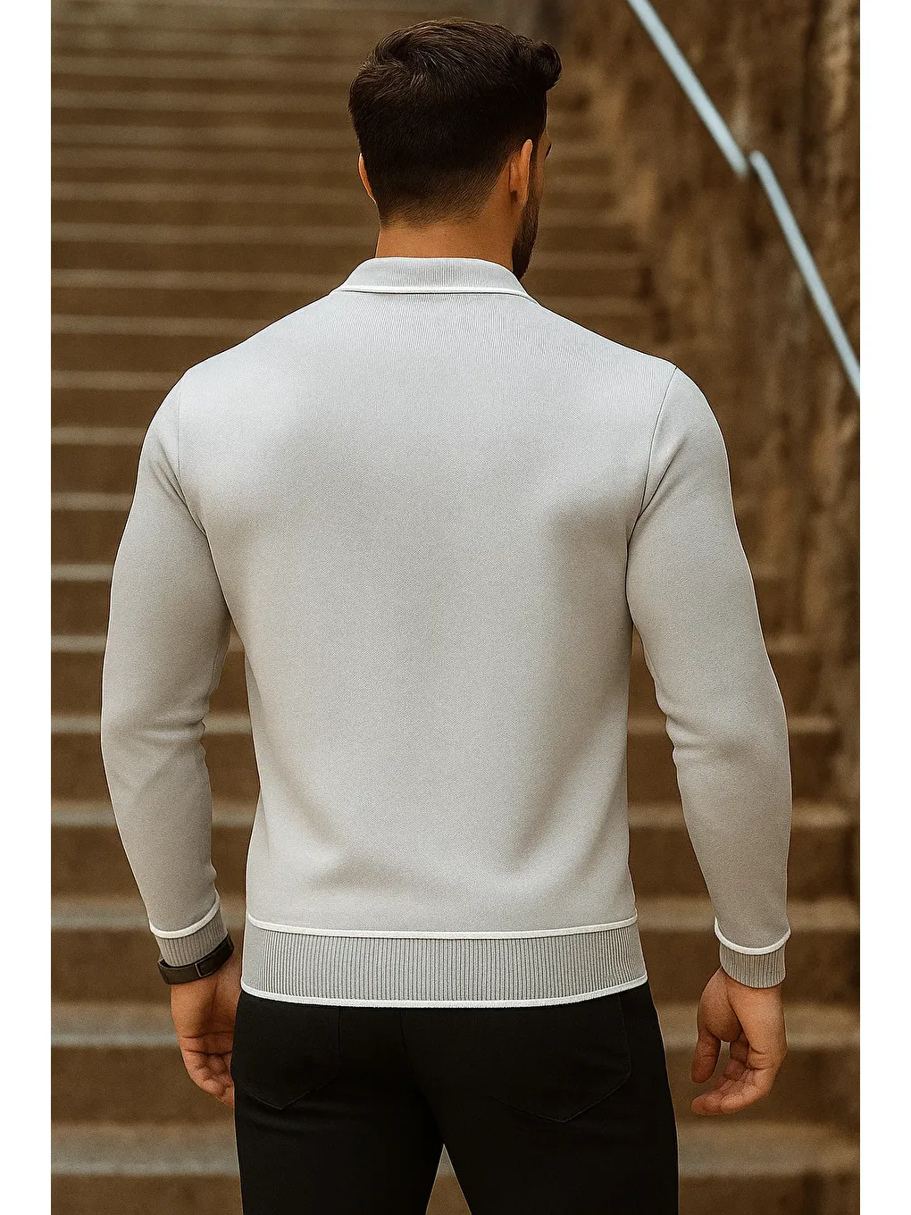 Erkek Trend Fermuarlı Uzun Kollu Gri Polo Yaka Kazak-4