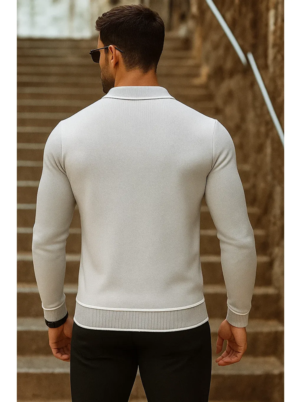 Erkek Trend Fermuarlı Uzun Kollu Gri Polo Yaka Kazak-5